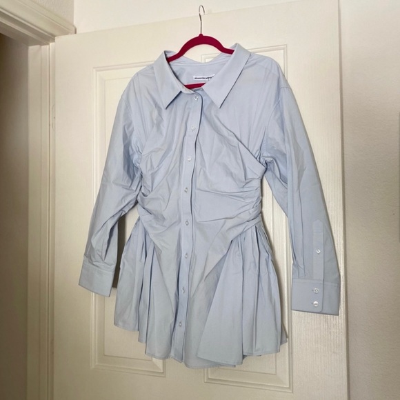 Alexander Wang Cotton Poplin Gathered Shirt Dress Light Blue US 6 - Picture 5 of 11